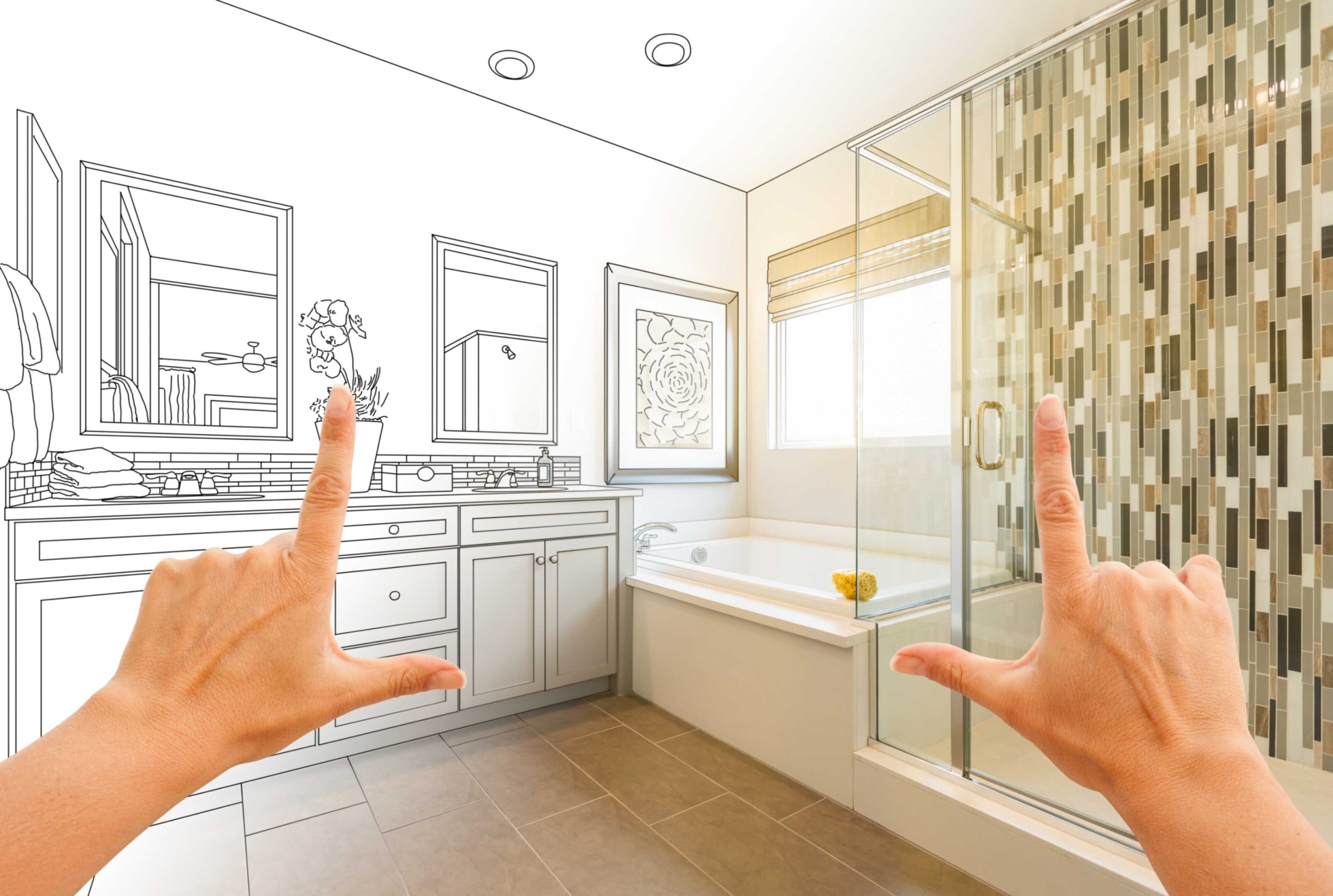 Hands frame a bathroom transitioning from a line drawing to a finished design, featuring a bathtub, dual sinks, and a tiled shower wall.